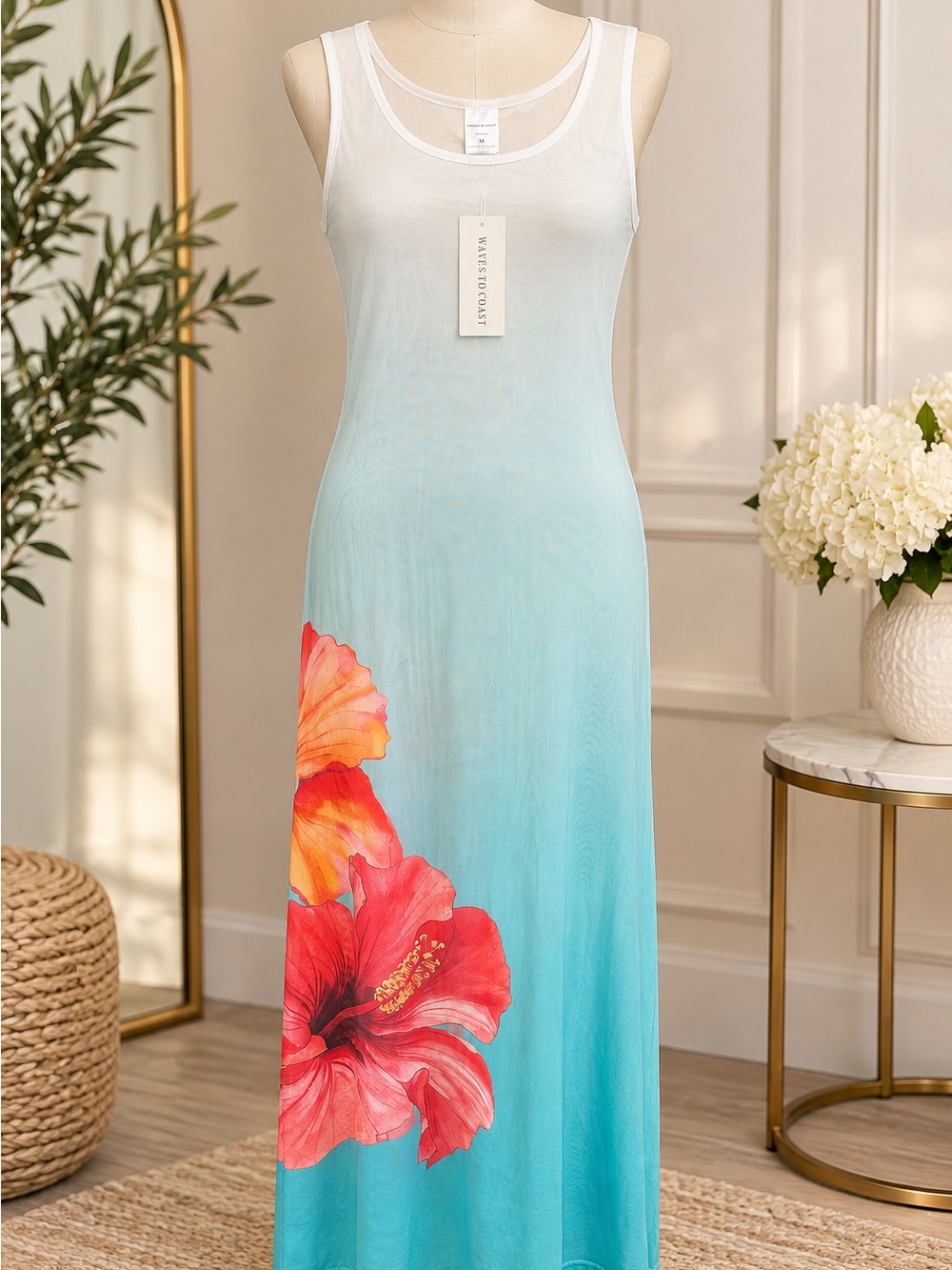 Aqua Ombre Hibiscus Maxi Dress by